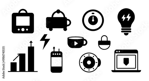 Minimalist black technology icon set, 11 digital interface vector elements, modern business and energy symbols, flat web application UI graphics