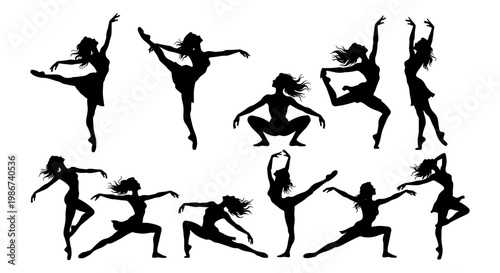 Graceful ballerina silhouettes set, elegant ballet dancer poses in black vector icons, 11 female dancing figures for performing arts and studio branding
