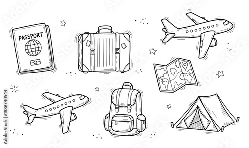 Travel and adventure essentials set featuring passport luggage airplane backpack world map and camping tent for vacation promotions holiday trip planning and global exploration themes