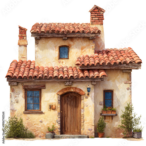 Charming Stucco House with Terracotta Tile Roof Isolated PNG