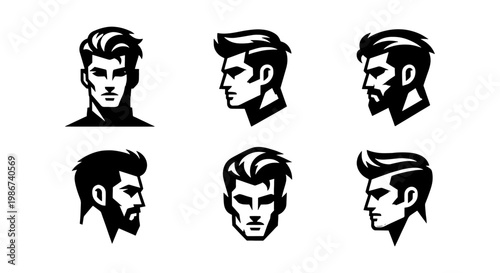Barbershop logo set with 6 male head icons, masculine man face silhouettes with stylish haircuts and beards, black and white vector portraits