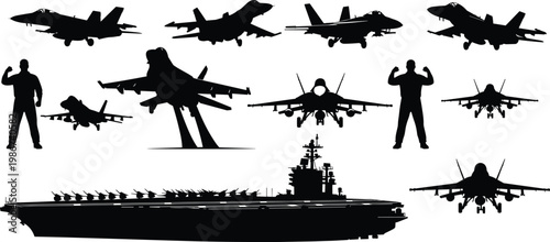 Powerful military aviation silhouette set featuring modern fighter jets aircraft carrier ship and brave navy pilot soldiers for patriotic defense and aerospace industry SEO maintain