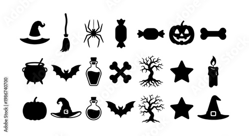 Halloween silhouette icons set, spooky holiday vector elements, black pumpkin and witch hat illustrations, 21 creepy decorative symbols for autumn party
