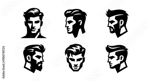 Barbershop logo icons set, masculine men's haircut silhouettes, black and white vector male head portraits for hair salon branding