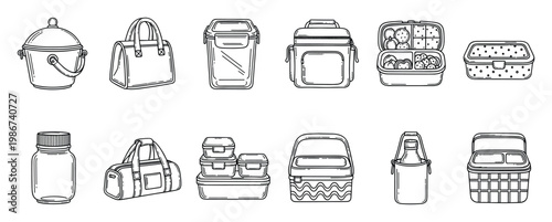 Collection of various portable food containers lunch boxes and bags perfect for meal preparation school lunches office meals or outdoor picnics