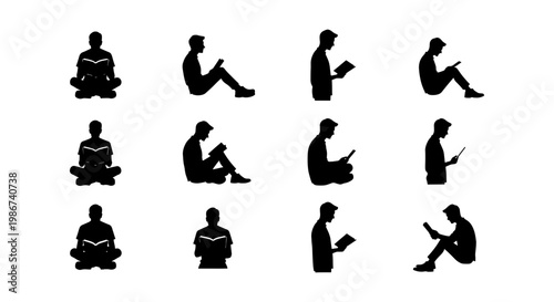 Black silhouette people reading books, set of 12 male figures in sitting and standing poses, men studying and learning vector icons for education