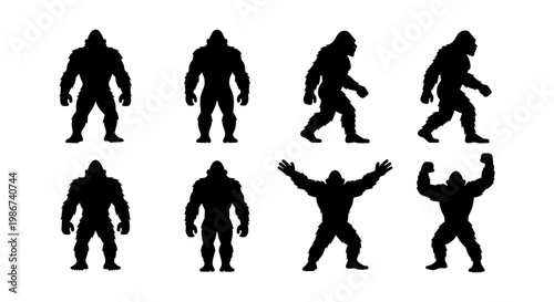 Gorilla silhouette collection, 8 black ape vector icons, muscular primate figures in standing and walking poses, wild animal mascot set