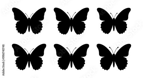 Black butterfly silhouette set, collection of 6 butterfly icons, minimalist insect vector graphics for logo design and nature branding