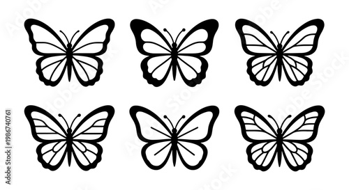 Minimalist butterfly silhouette collection, set of 6 black line art butterfly icons, elegant monarch butterfly vector illustrations for logo design