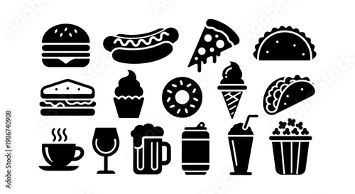 Fast food icon set with 15 black vector elements, junk food and beverage silhouettes, restaurant menu symbols for burger pizza and snacks
