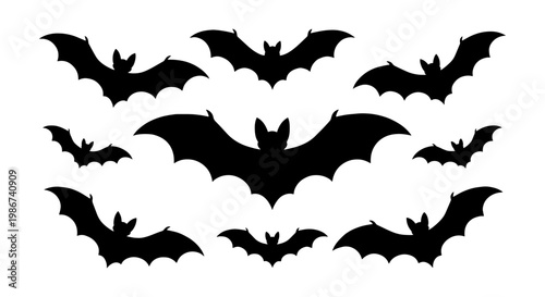 Black bat silhouettes collection, set of 9 flying bats vector icons, spooky Halloween animal shapes, dark nocturnal flying creatures on white background