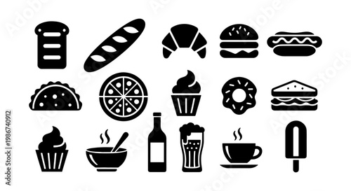 Minimalist food and drink icons set, black solid vector silhouettes of fast food and bakery items, 15 restaurant menu symbols for web design