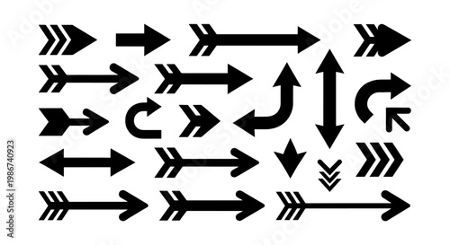 Black arrow icon set, minimalist directional vector symbols, 18 diverse pointer elements for navigation and infographic design