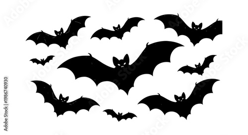 Halloween bat silhouettes collection, black flying bats vector set, spooky nocturnal animal icons for party decoration and gothic design