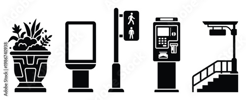A collection of urban public infrastructure icons including a planter, digital display, pedestrian traffic light, ticket machine, and subway entrance for various graphic design and signage
