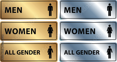 Standard Men Women and All Gender Restroom Sign - Brushed Aluminum and Brushed Gold 2 Set (6 pcs)