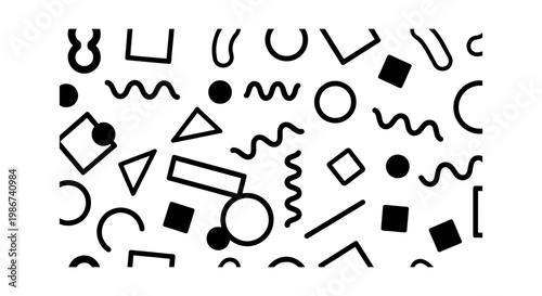 Memphis style seamless pattern with geometric shapes, black and white abstract background vector, retro 90s aesthetic texture for fabric and web