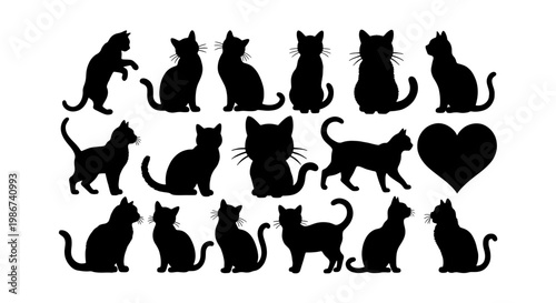 Black cat silhouettes collection, 17 feline vector elements in various poses, domestic kitten shapes and heart icon for pet lovers and animal branding