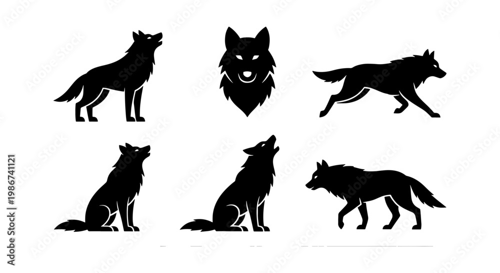 Obraz premium Black wolf silhouette vector set, 6 wild animal icons in various poses, howling and running timber wolf graphics, minimalist predator logo elements