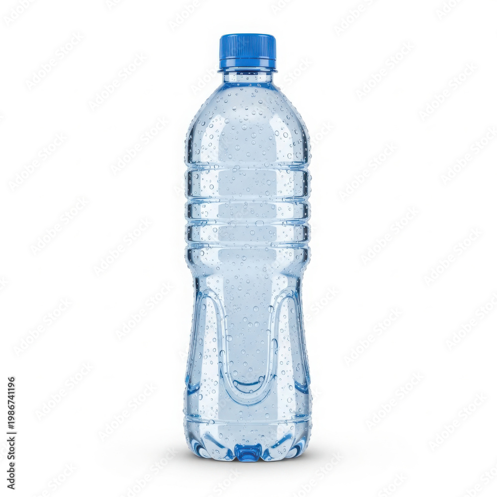 Naklejka premium Clear plastic water bottle with blue cap isolated on white background