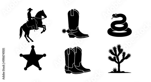 Wild West cowboy silhouette icon set, western desert elements with horse rider and boots, 6 black vector graphics for rustic ranch branding