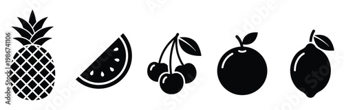 Assorted healthy fruit icons featuring pineapple watermelon cherries citrus and various juicy summer fruits in a graphic silhouette style ideal for nutrition wellness and grocery store