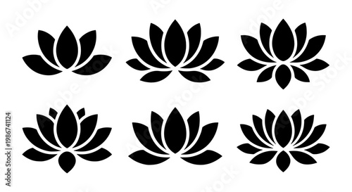 Minimalist lotus flower icons, set of 6 black floral silhouettes, zen water lily vector graphics for yoga and wellness branding