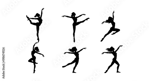 Graceful ballet dancer silhouettes, set of 6 female ballerina poses, elegant black dancing figures vector, artistic gymnastic movement icons