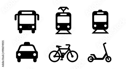 Public transport icons set, black minimalist vehicle symbols for urban travel, collection of 6 vector silhouettes including bus, train, taxi and bicycle