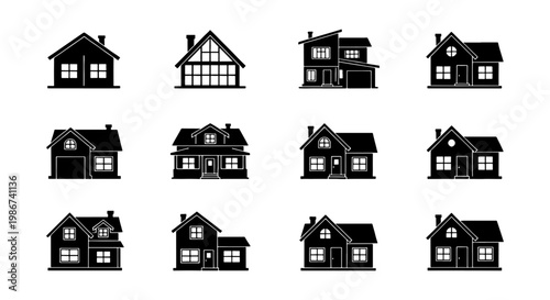 Minimalist house silhouette icons, set of 12 black residential building vectors, modern real estate architecture symbols for maps and web design