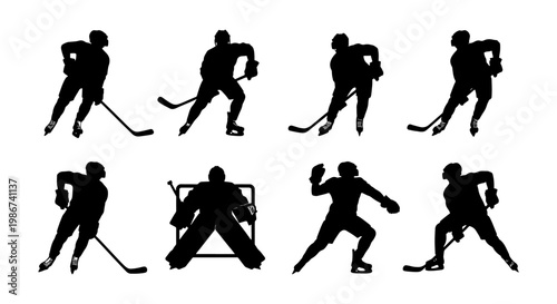 Ice hockey player silhouettes set, professional athletes in action poses, black vector icons of hockey skaters and goalie, sports competition graphics