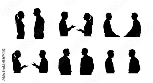 Professional business people silhouettes in conversation, set of black vector figures talking and gesturing, corporate communication and networking icons