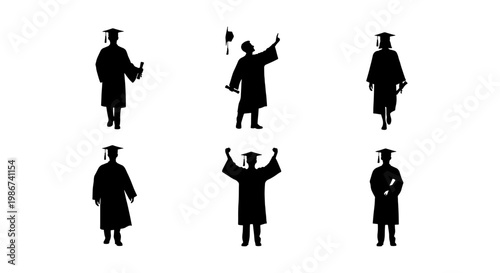 Graduation silhouette vector set, 6 student figures in academic gowns and mortarboard caps, university commencement ceremony icons