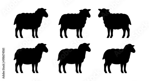 Black sheep silhouette collection, set of 6 farm animal vector icons, woolly livestock profile shapes for agricultural branding and design