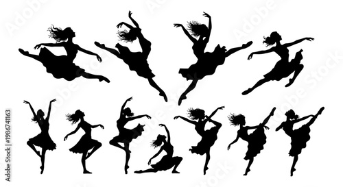 Graceful ballerina silhouettes collection, 11 ballet dancer vector elements in motion, elegant female performers in tutus and pointe shoes