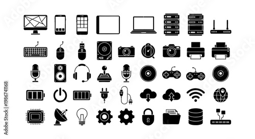 Computer technology icons set, 40 black solid hardware and electronics symbols, digital device vector collection for web design and apps