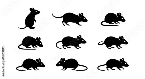 Black mouse silhouette collection, 9 vector rat icons in various poses, minimalist rodent animal shapes for logo design and infographics