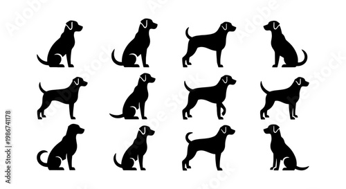 Labrador retriever dog silhouettes set, 12 black canine vector icons, standing and sitting pet animal profiles for logo design and branding