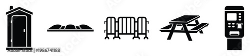 Collection of essential public outdoor facilities and road safety equipment icons, featuring an outhouse, speed humps, crowd barriers, a picnic table, and a parking payment machine, perfect