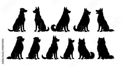 Black dog silhouette collection, set of 11 sitting canine vector shapes, domestic pet animal profiles, isolated dog breed outlines on white background