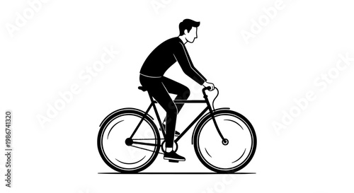 Minimalist black and white bicycle illustration, male cyclist riding a road bike, clean line art vector of a man commuting on a bicycle
