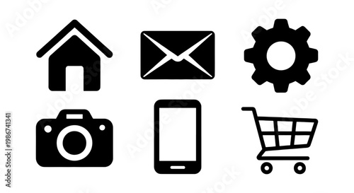 Minimalist black web icons set, 6 essential vector symbols for mobile app interface, flat digital navigation elements for website design