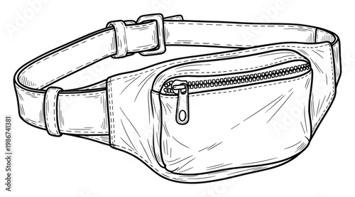 Detailed monochrome sketch of a modern fanny pack featuring a zippered main compartment and adjustable belt, perfect for active lifestyle branding or accessory design concepts.