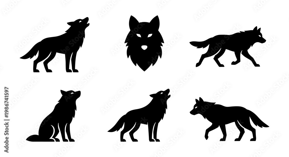 Obraz premium Wolf silhouette collection, black howling wolf and predator head icons, set of 6 wild animal vector elements for outdoor branding and logos