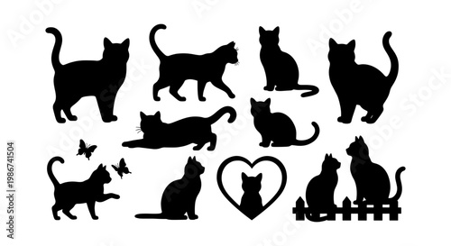 Black cat silhouette collection, 10 feline vector elements in various poses, domestic cat icons with butterflies and heart, pet animal graphics for design