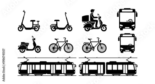 Black silhouette urban transport icons set, city mobility and public transportation vector elements, bicycle scooter bus and tram symbols for infographics