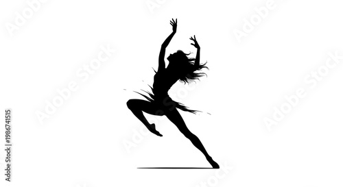 Dynamic dancer silhouette vector, graceful female ballet performer in motion, expressive contemporary dance pose, black artistic woman figure