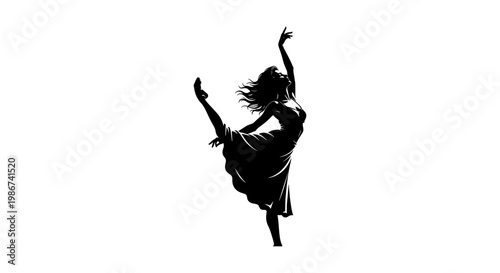 Graceful ballerina silhouette vector, elegant dancing woman in flowing dress, artistic ballet performer illustration for theater and dance studio branding