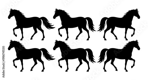Black horse silhouettes set, collection of 6 trotting stallion vector icons, elegant equine animal shapes for equestrian branding and logo design