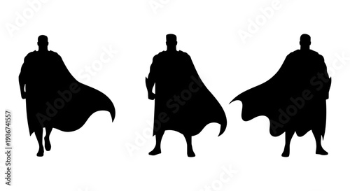 Superhero silhouette set with flowing capes, muscular male hero figures in standing poses, black comic book character vector icons